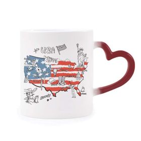Dıythinker Kırmızı Çok Renkli Amerika Haritası Özgürlük Kelime İllüstrasyon Isıya Duyarlı Kalp Kupası