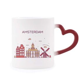 Dıythinker Kırmızı Çok Renkli Amsterdam Düz Kent Simgesi Isıya Duyarlı Kalp Kupası