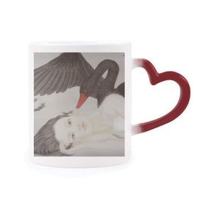 Dıythinker Kırmızı Çok Renkli Beauty Siyah Kuğu Çin Stili Suluboya Isıya Duyarlı Kalp Kupası
