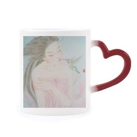 Dıythinker Kırmızı Çok Renkli Beauty With Bird Çin Stili Suluboya Şekil Isıya Duyarlı Kalp Kupası
