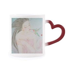 Dıythinker Kırmızı Çok Renkli Beauty With Bird Çin Stili Suluboya Şekil Isıya Duyarlı Kalp Kupası