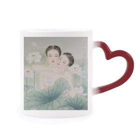 Dıythinker Kırmızı Çok Renkli Beauty With Lotus Çin Stili Suluboya Şekil Isıya Duyarlı Kalp Kupası