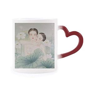 Dıythinker Kırmızı Çok Renkli Beauty With Lotus Çin Stili Suluboya Şekil Isıya Duyarlı Kalp Kupası
