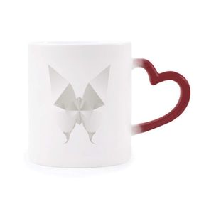 Dıythinker Kırmızı Çok Renkli Beyaz Soyut Kelebek Origami Desenli Şekil Isıya Duyarlı Kalp Kupası