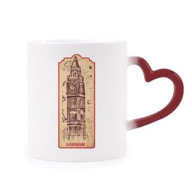 Dıythinker Kırmızı Çok Renkli Big Ben İngiltere Simgesi Bayrak İşareti Desen Isıya Duyarlı Kalp Kupası