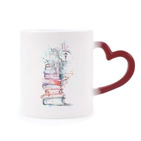 Dıythinker Kırmızı Çok Renkli Books Building Street Suluboya Şekil Isıya Duyarlı Kalp Kupası