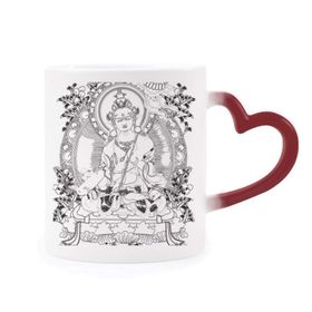 Dıythinker Kırmızı Çok Renkli Budizm Guanyin Çin Karakteri Şekil Isıya Duyarlı Kalp Kupası