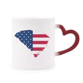 Dıythinker Kırmızı Çok Renkli Carolina America Abd Haritası Yıldızlar Çizgili Bayrak Şekil Isıya Duyarlı Kalp Kupa