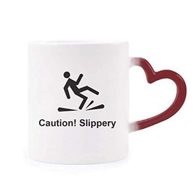Dıythinker Kırmızı Çok Renkli Caution Slippery Siyah Sembol Isıya Duyarlı Kalp Kupası