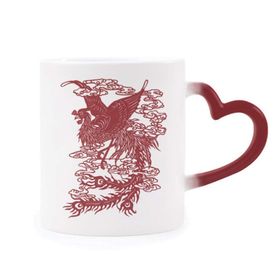 Dıythinker Kırmızı Çok Renkli Çin Phoenix Kuş Hayvan Portre Şekil Isıya Duyarlı Kalp Kupası