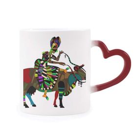 Dıythinker Kırmızı Çok Renkli Cow Ride Çin Azınlık Giyinme Totem Isıya Duyarlı Kalp Kupası