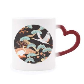 Dıythinker Kırmızı Çok Renkli Cranes Peonies Akçaağaç Yaprakları Desen Isıya Duyarlı Kalp Kupası