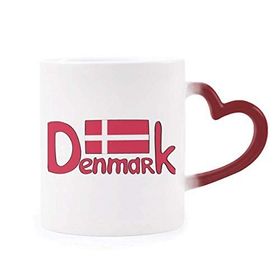 Dıythinker Kırmızı Çok Renkli Demark Ulusal Bayrak Kırmızı Desen Isıya Duyarlı Kalp Kupası