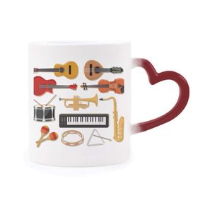 Dıythinker Kırmızı Çok Renkli Elektrikli Piyano Trombon Gitar Müzik Isıya Duyarlı Kalp Kupası