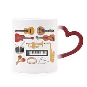 Dıythinker Kırmızı Çok Renkli Elektrikli Piyano Trombon Gitar Müzik Isıya Duyarlı Kalp Kupası