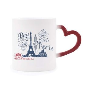 Dıythinker Kırmızı Çok Renkli Eyfel Kulesi Fransa Paris Çizgi Çizim Isıya Duyarlı Kalp Kupa