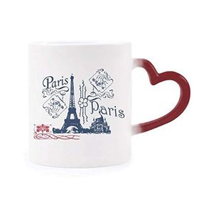 Dıythinker Kırmızı Çok Renkli Eyfel Kulesi Fransa Paris Çizgi Çizim Isıya Duyarlı Kalp Kupa