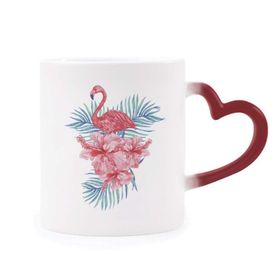 Dıythinker Kırmızı Çok Renkli Flamingo Bitki Yaprağı Sembollü Şekil Isıya Duyarlı Kalp Kupası