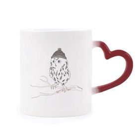 Dıythinker Kırmızı Çok Renkli Freehand Sketch Owl Head Morphing Isıya Duyarlı Kalp Kupası