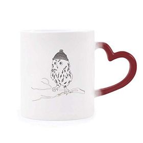 Dıythinker Kırmızı Çok Renkli Freehand Sketch Owl Head Morphing Isıya Duyarlı Kalp Kupası