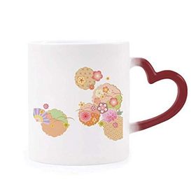 Dıythinker Kırmızı Çok Renkli Katlanır Fan Sakura Desenli Geometri Isıya Duyarlı Kalp Kupası