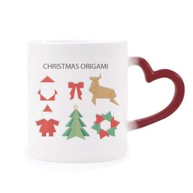 Dıythinker Kırmızı Çok Renkli Kırmızı Soyut Noel Origami Desenli Şekil Isıya Duyarlı Kalp Kupası