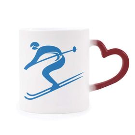 Dıythinker Kırmızı Çok Renkli Mavi Kayak Kış Spor Silüeti Şekil Isıya Duyarlı Kalp Kupa