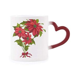 Dıythinker Kırmızı Çok Renkli Noel Çiçeği Poinsettia Buketi Kırmızı Şekil Isıya Duyarlı Kalp Kupası