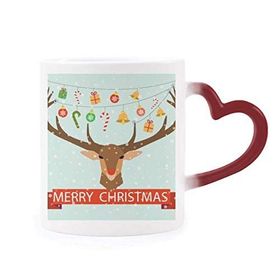 Dıythinker Kırmızı Çok Renkli Noel Geyiği Çan Festivali Desen Isıya Duyarlı Kalp Kupası