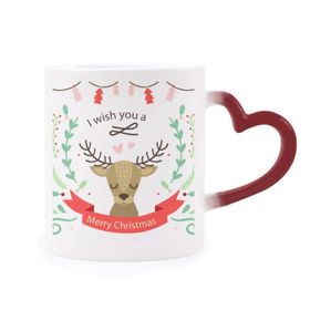 Dıythinker Kırmızı Çok Renkli Noel Geyik Festivali Desen Isıya Duyarlı Kalp Kupası