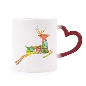 Dıythinker Kırmızı Çok Renkli Noel Renkli Yaprak Geyik Festivali Desen Isıya Duyarlı Kalp Kupası