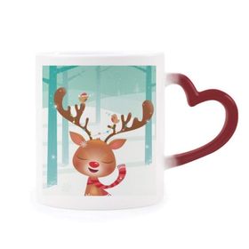 Dıythinker Kırmızı Çok Renkli Noel Sevimli Geyik Festivali Şekil Isıya Duyarlı Kalp Kupası