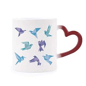 Dıythinker Kırmızı Çok Renkli Renkli Origami Soyut Güvercin Desenli Şekil Isıya Duyarlı Kalp Kupası