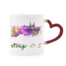Dıythinker Kırmızı Çok Renkli Santiago De Chile City Suluboya Şekil Isıya Duyarlı Kalp Kupa