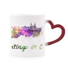 Dıythinker Kırmızı Çok Renkli Santiago De Chile City Suluboya Şekil Isıya Duyarlı Kalp Kupa