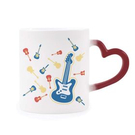 Dıythinker Kırmızı Çok Renkli Sarı Gitar Müzik Deseni Resimli Şekil Isıya Duyarlı Kalp Kupası
