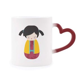 Dıythinker Kırmızı Çok Renkli Sarı Kimono Japonya Oyuncak Bebek Sanatı Şekil Isıya Duyarlı Kalp Kupası 12 Oz