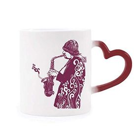 Dıythinker Kırmızı Çok Renkli Sax Jazz Müzik Sokak Kültürü Şekil Isıya Duyarlı Kalp Kupası