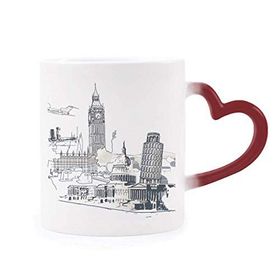 Dıythinker Kırmızı Çok Renkli Seyahat Simgesi Big Ben Pisa Kulesi Isıya Duyarlı Kalp Kupası