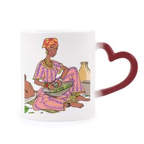Dıythinker Kırmızı Çok Renkli Siyah Kadın Çocuk Totemleri Afrika Aborjin Morphing Isıya Duyarlı Kalp Kupa