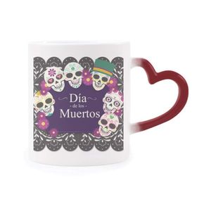 Dıythinker Kırmızı Çok Renkli Skull The Day Of The Dead Resimli Şekil Isıya Duyarlı Kalp Kupa