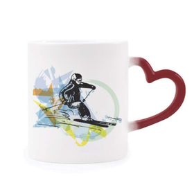 Dıythinker Kırmızı Çok Renkli Spor Kış Sporcuları Serbest Stil Kayak Suluboya Şekil Isıya Duyarlı Kalp Kupa