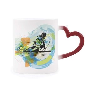 Dıythinker Kırmızı Çok Renkli Sporcular Kayak Sporları Serbest Stil Suluboya Şekil Isıya Duyarlı Kalp Kupa