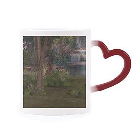 Dıythinker Kırmızı Çok Renkli Stream Orman Bilim Doğa Manzarası Isıya Duyarlı Kalp Kupası