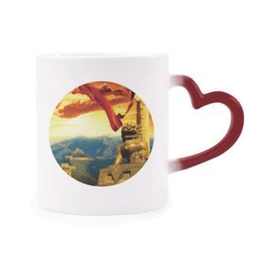 Dıythinker Kırmızı Çok Renkli The Great Wall Lion Huabiao Ribbon Morphing Mug Isıya Duyarlı Kalp Kupası