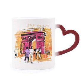 Dıythinker Kırmızı Çok Renkli Triumphal Arch Paris Fransa El Çizimi Isıya Duyarlı Kalp Kupası