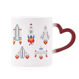 Dıythinker Kırmızı Çok Renkli Uzay Gemisi Roket Astronomi Piksel Şekil Isıya Duyarlı Kalp Kupası