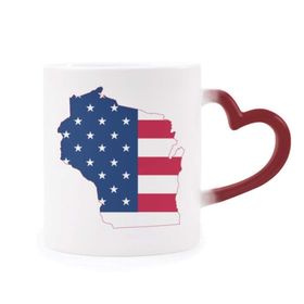 Dıythinker Kırmızı Çok Renkli Wisconsin Amerika Haritası Yıldızlar Çizgili Bayrak Şekil Isıya Duyarlı Kalp Kupası