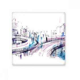 Dıythinker Modern Bina Gökdelen Üst Geçit Suluboya Şehir İllüstrasyonu 10x10 cm Seramik Karo