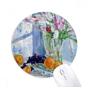 Dıythinker Natürmort Boyama Vazo Çiçek Üzüm Baskılı Yuvarlak Kaymaz Kauçuk Mouse Pad